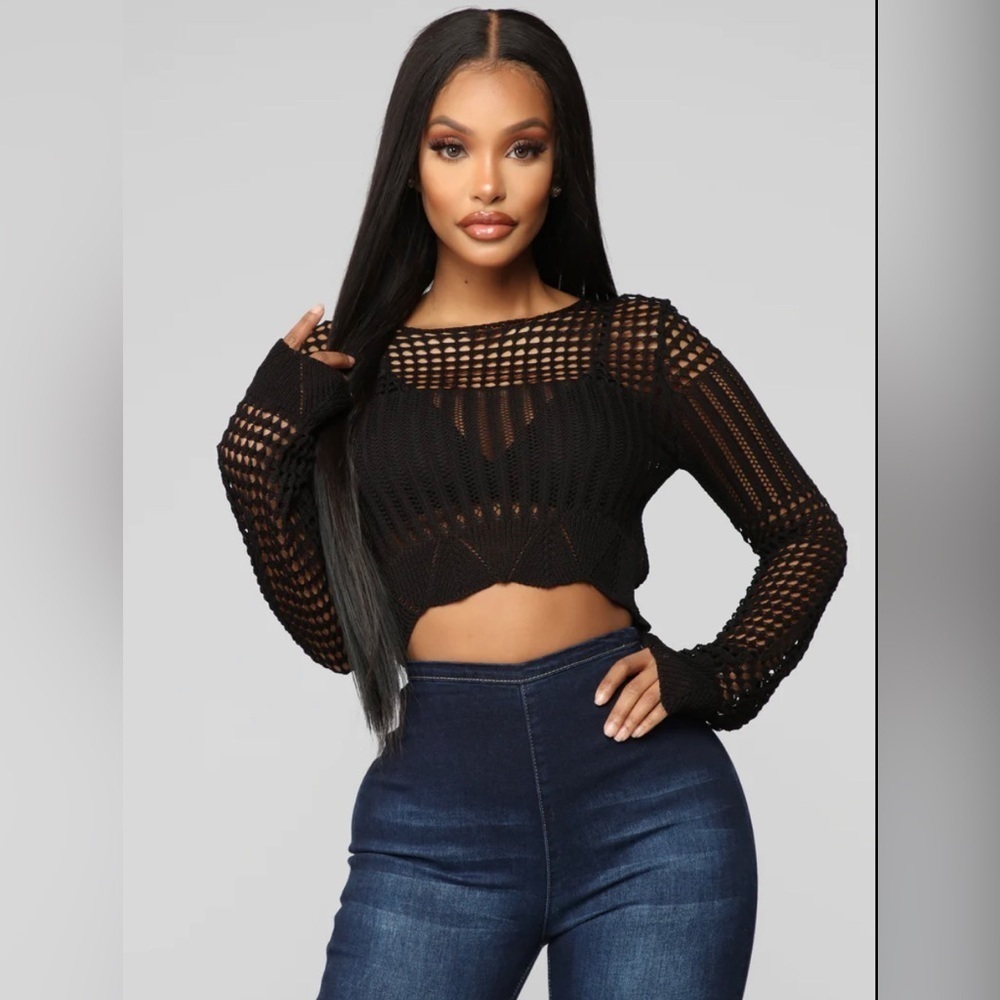 Fashion Nova Here To Stay Crochet Sweater Color Black